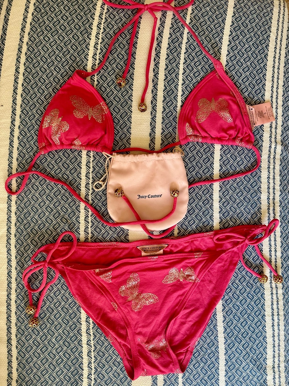 Juicy Couture Hot Pink Bikini with Gold Butterfly Accents